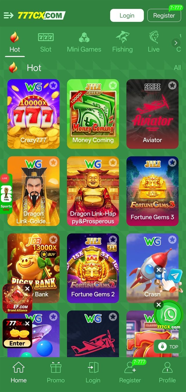777cX game app home screen showing hot slot games on an Android phone