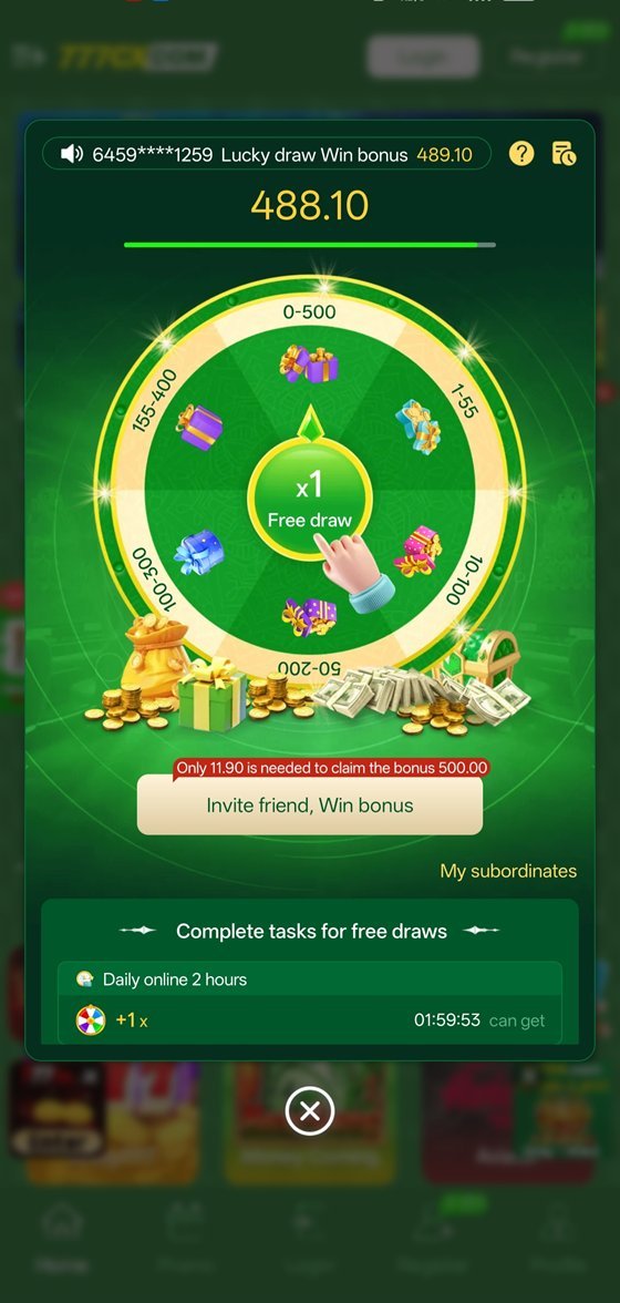 777cX daily rewards wheel and free draw screen